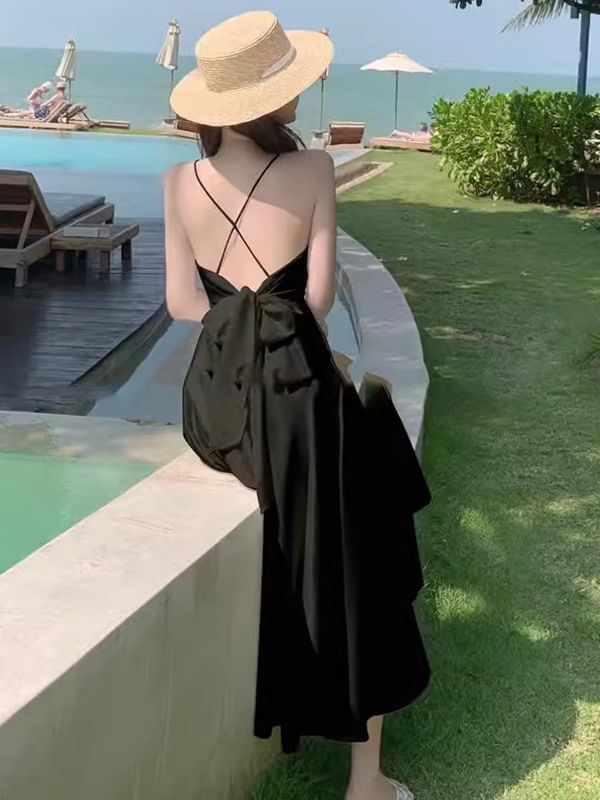 Maxi Plain V-Neck A-Line Strap Dress Spaghetti