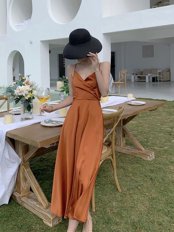 Maxi Plain V-Neck A-Line Strap Dress Spaghetti