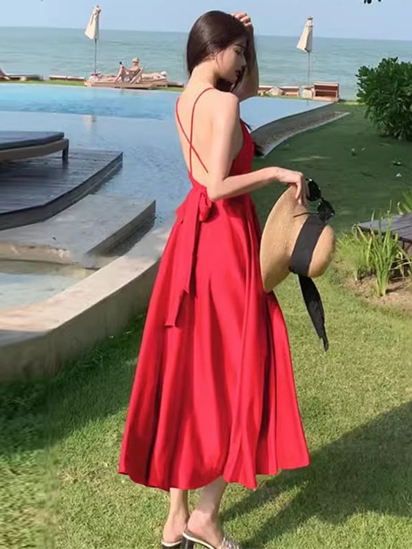 Maxi Plain V-Neck A-Line Strap Dress Spaghetti