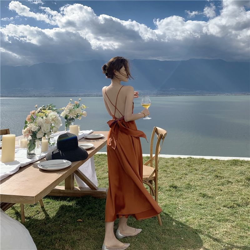 Maxi Plain V-Neck A-Line Strap Dress Spaghetti