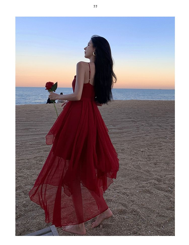 A-Line Dress Asymmetrical Spaghetti Strap Sheer