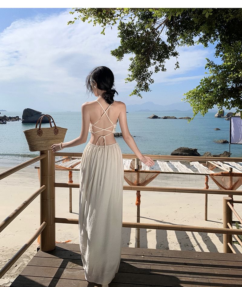 Dress V-Neck Plain A-Line Spaghetti Maxi Strap Cutout