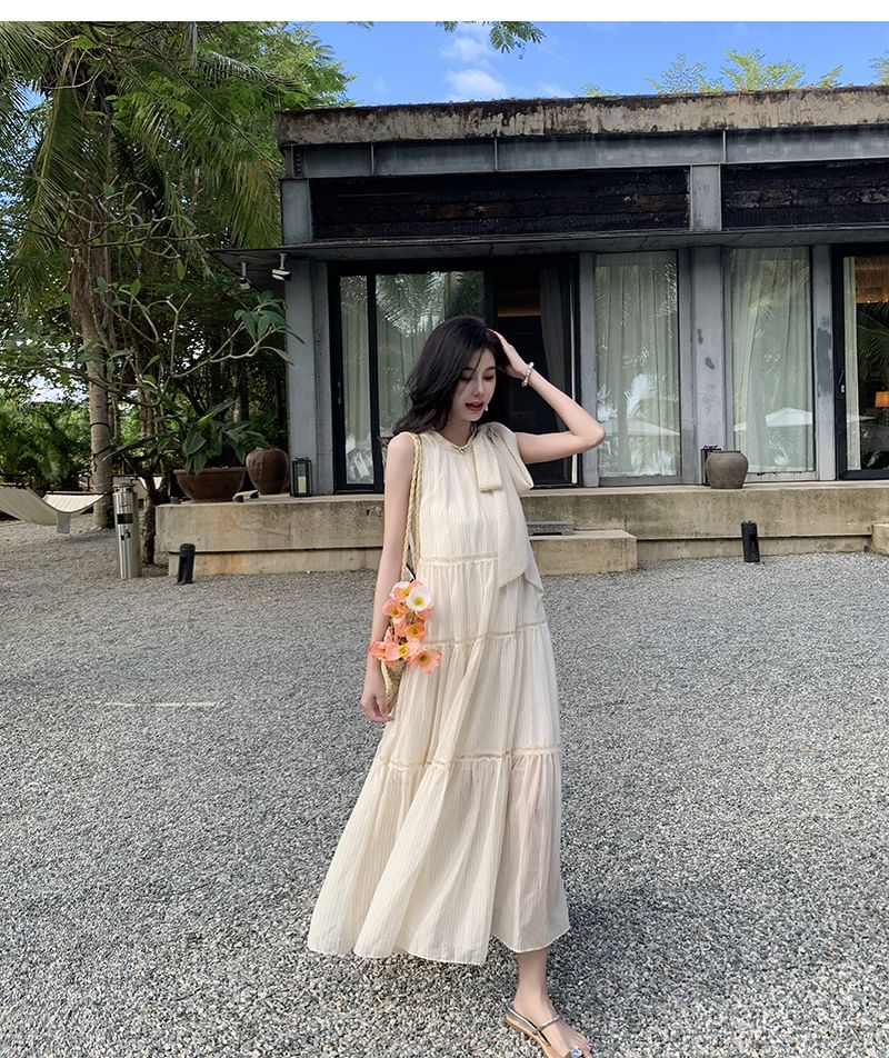 Dress Midi Plain Sleeveless Crewneck A-Line