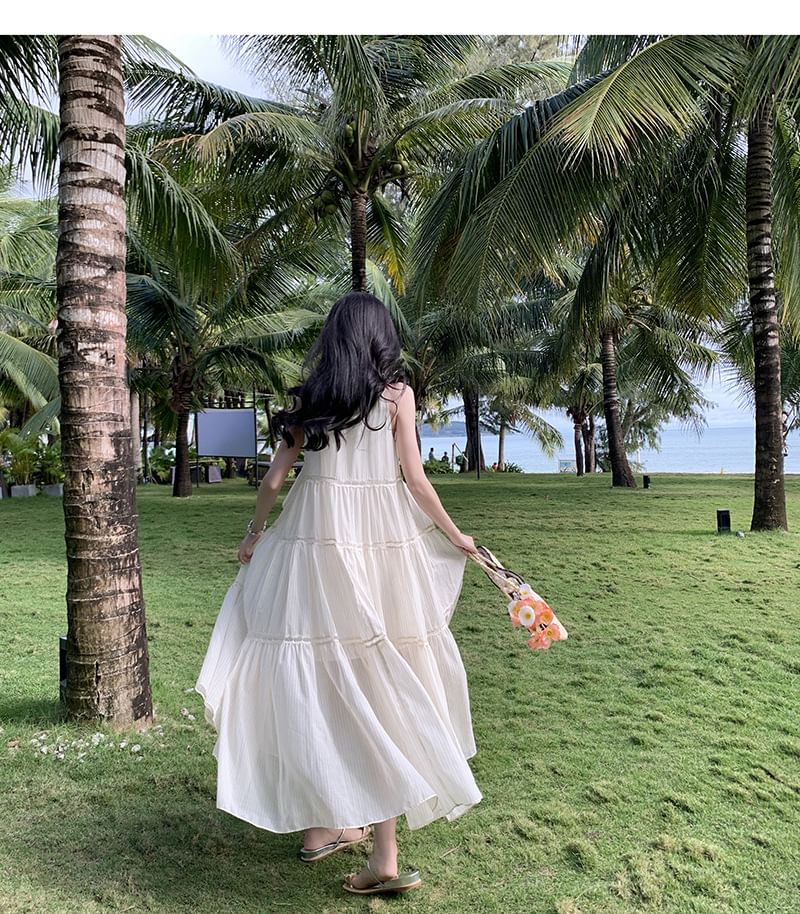 Dress Midi Plain Sleeveless Crewneck A-Line