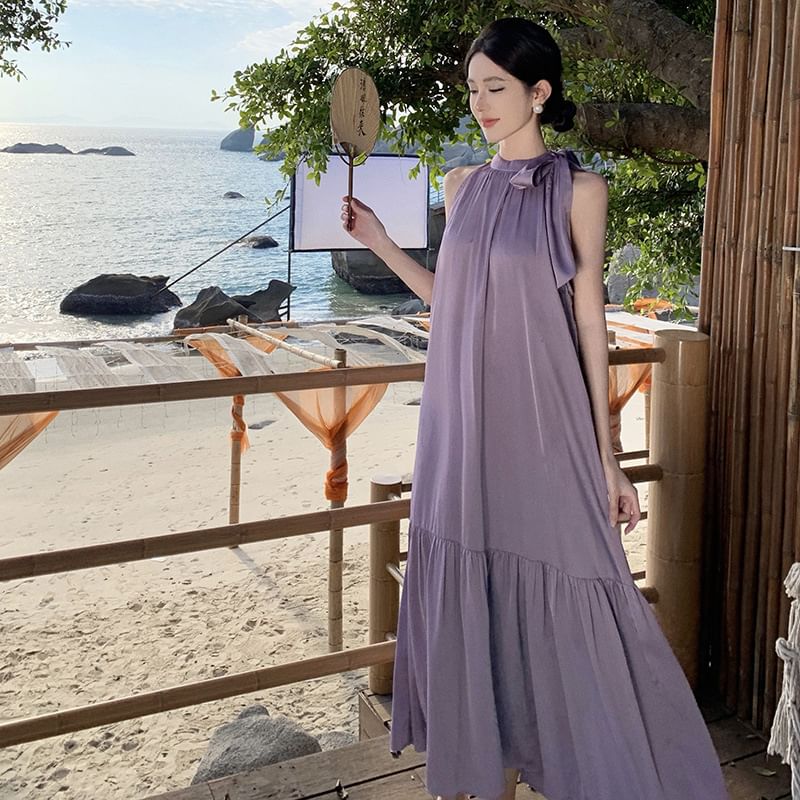 Crewneck Maxi Sleeveless Plain Dress A-Line