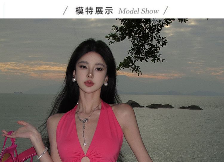 Bodycon Plain Neck Cutout Dress Halter Midi