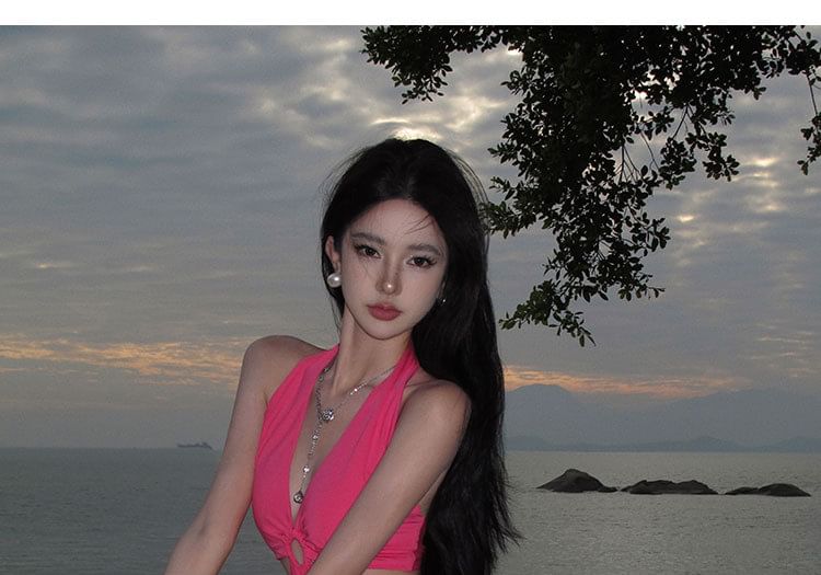 Bodycon Plain Neck Cutout Dress Halter Midi