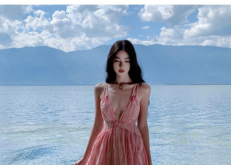 Spaghetti A-Line Strap Maxi V-Neck Dress Floral Print