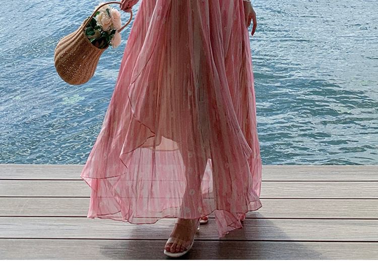 Spaghetti A-Line Strap Maxi V-Neck Dress Floral Print