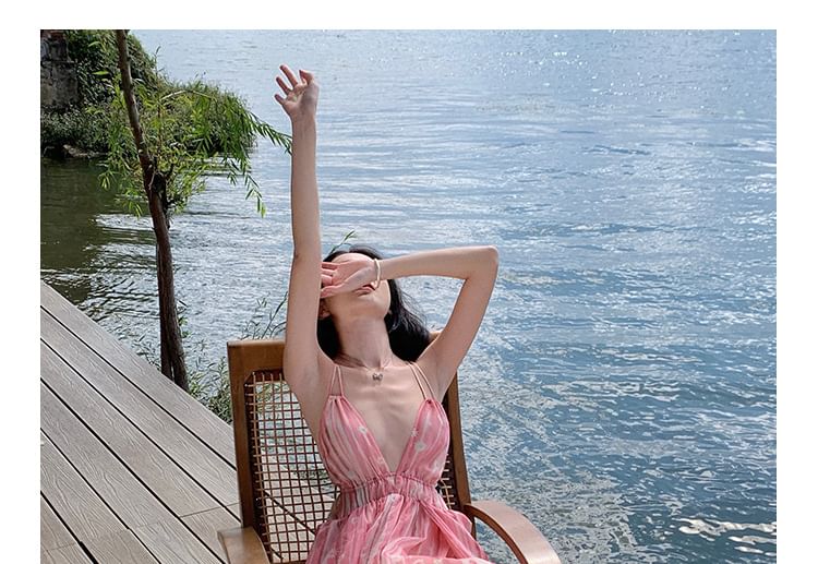 Spaghetti A-Line Strap Maxi V-Neck Dress Floral Print