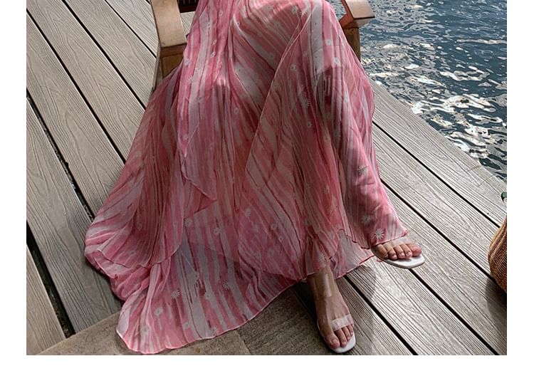 Spaghetti A-Line Strap Maxi V-Neck Dress Floral Print