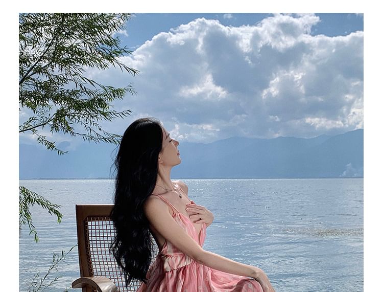 Spaghetti A-Line Strap Maxi V-Neck Dress Floral Print