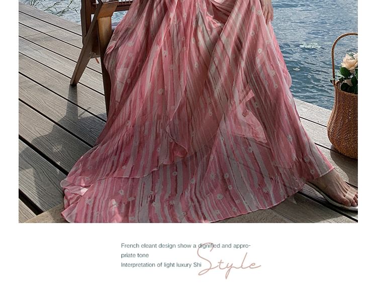 Spaghetti A-Line Strap Maxi V-Neck Dress Floral Print