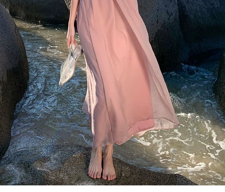 Dress Back Neck Midi Halter Open Plain A-Line