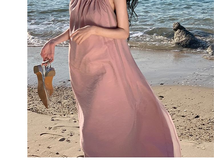 Dress Back Neck Midi Halter Open Plain A-Line