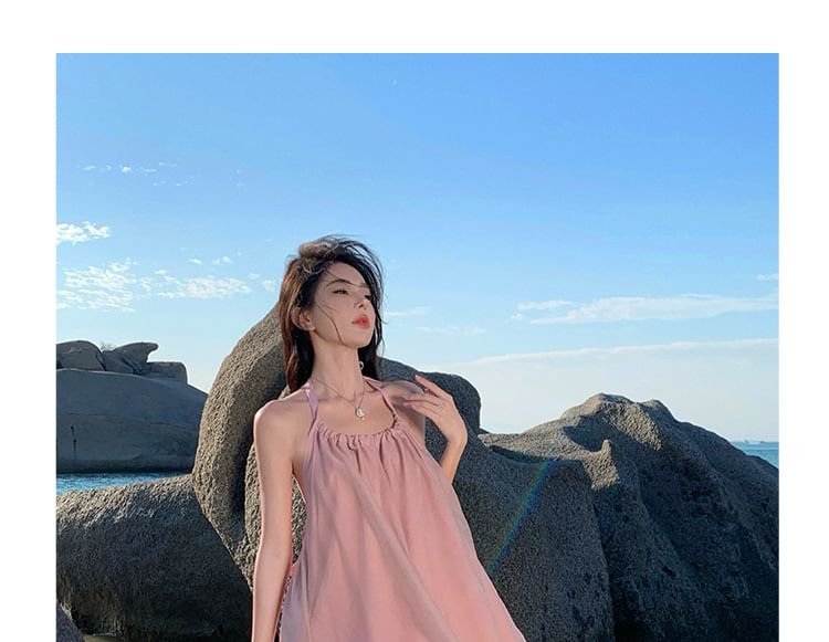 Dress Back Neck Midi Halter Open Plain A-Line