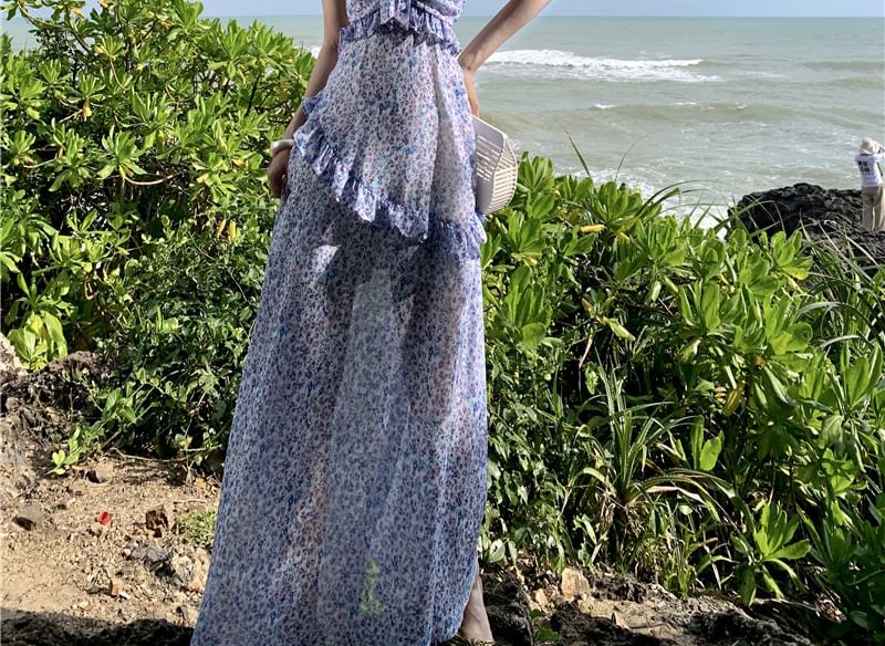 A-Line Strap Dress Spaghetti Midi Print Floral