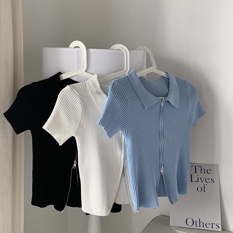 Plain Knit Polo Top Short-Sleeve Zip