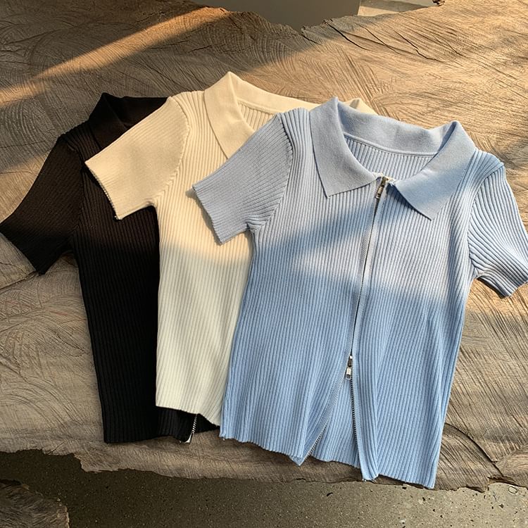 Plain Knit Polo Top Short-Sleeve Zip