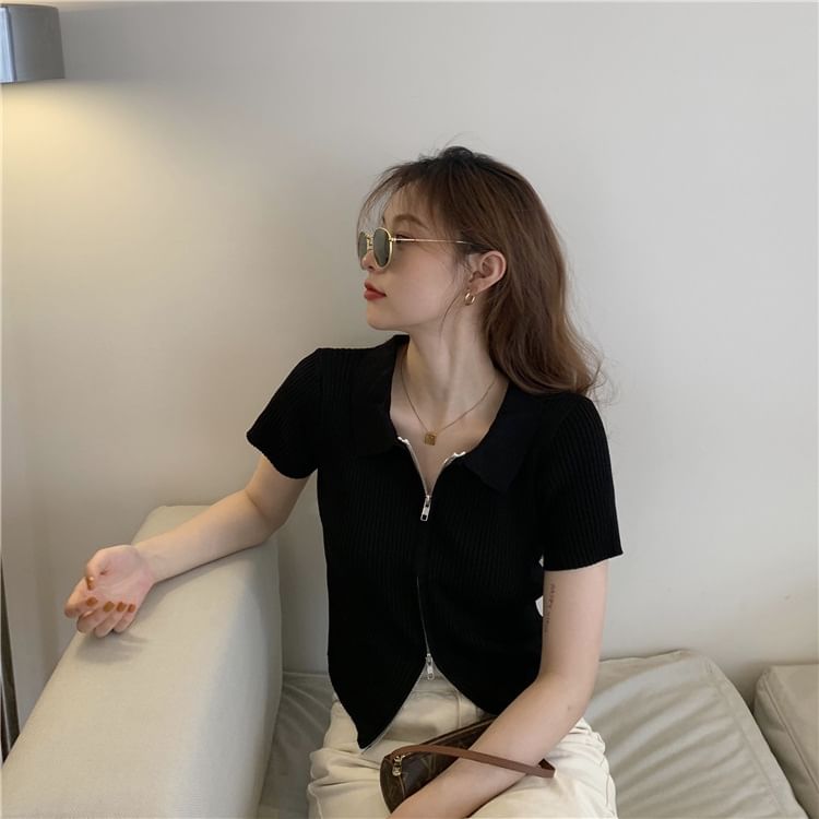 Plain Knit Polo Top Short-Sleeve Zip
