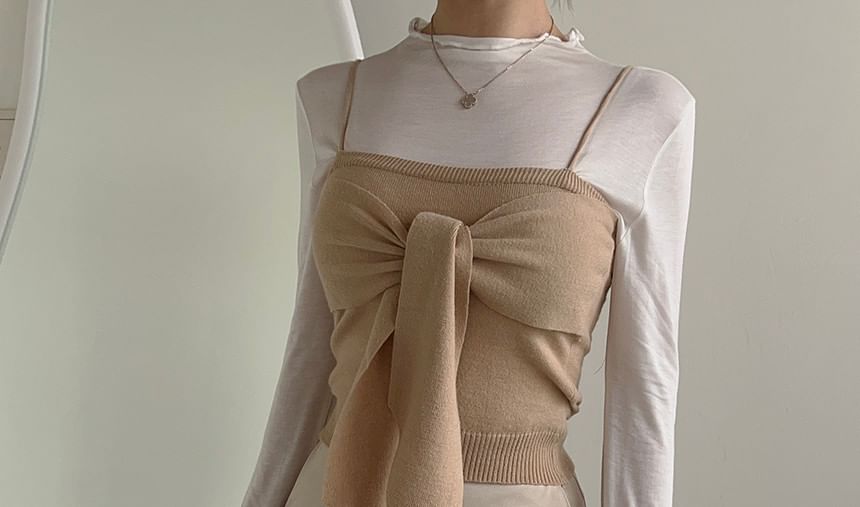 Set: Long-Sleeve Mock Neck Plain Top + Plain Bow Knit Camisole Top