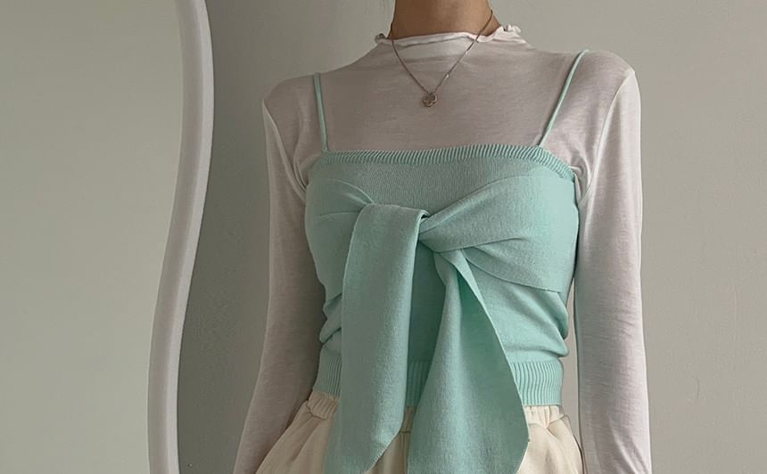 Set: Long-Sleeve Mock Neck Plain Top + Plain Bow Knit Camisole Top