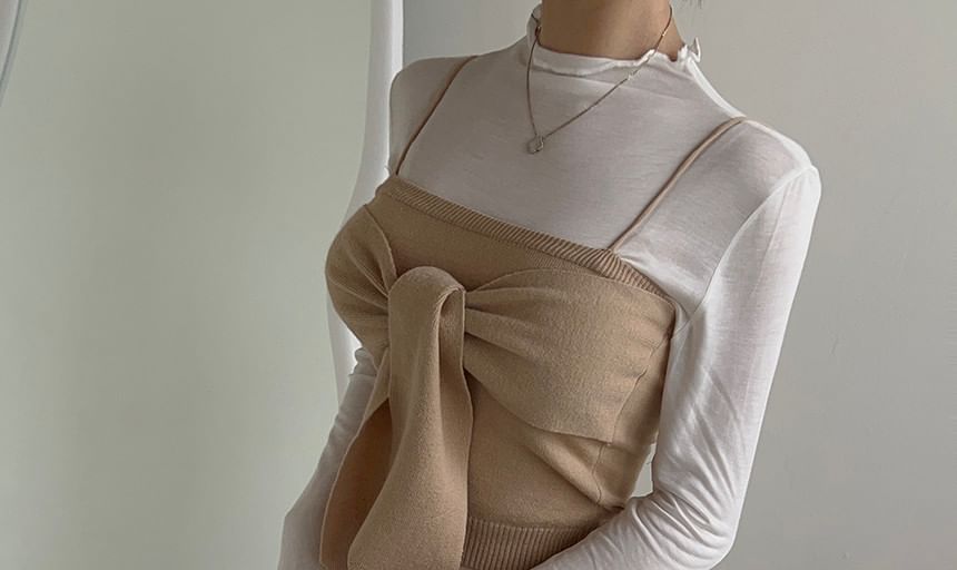 Set: Long-Sleeve Mock Neck Plain Top + Plain Bow Knit Camisole Top