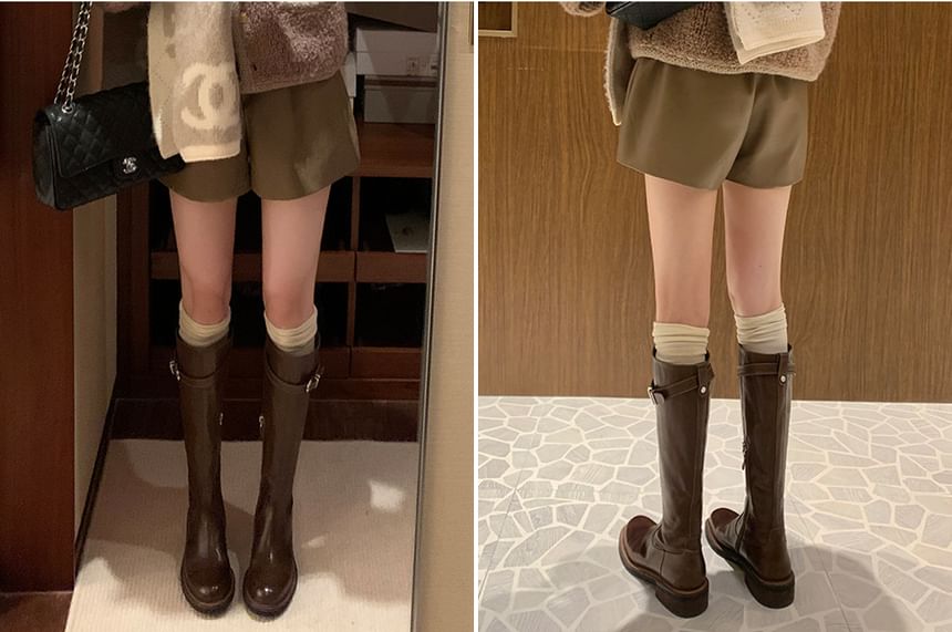 Faux Leather Tall Boots Buckled