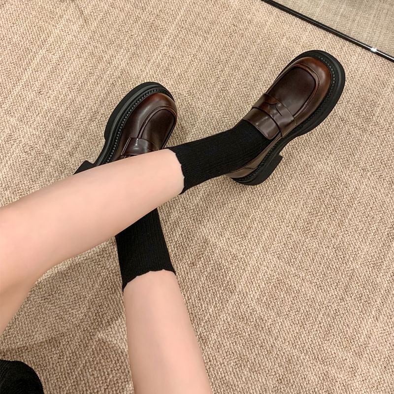 Faux Heel Loafers Leather Chunky Platform