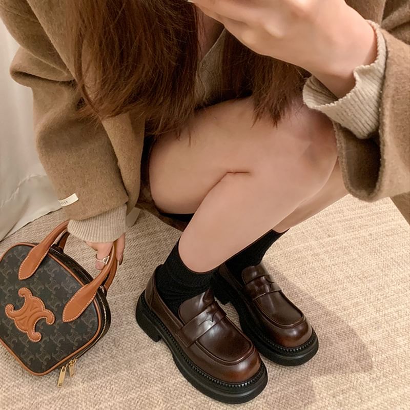 Faux Heel Loafers Leather Chunky Platform