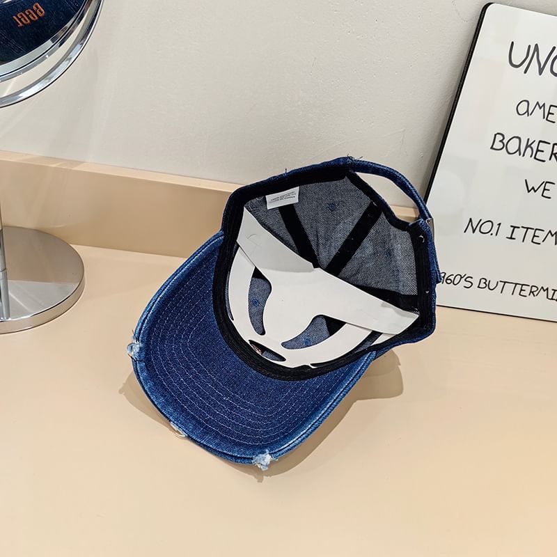 Embroidered Distressed Baseball Lettering Denim Cap