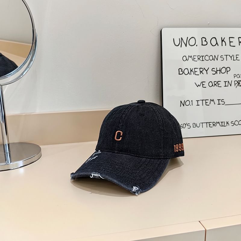 Embroidered Distressed Baseball Lettering Denim Cap