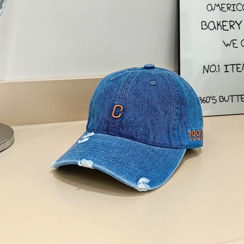 Embroidered Distressed Baseball Lettering Denim Cap