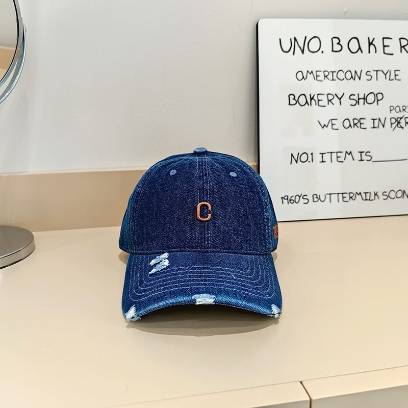 Embroidered Distressed Baseball Lettering Denim Cap