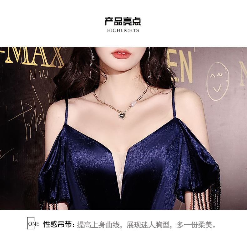 Sequin Evening Cold-Shoulder Side-Slit Trumpet Gown