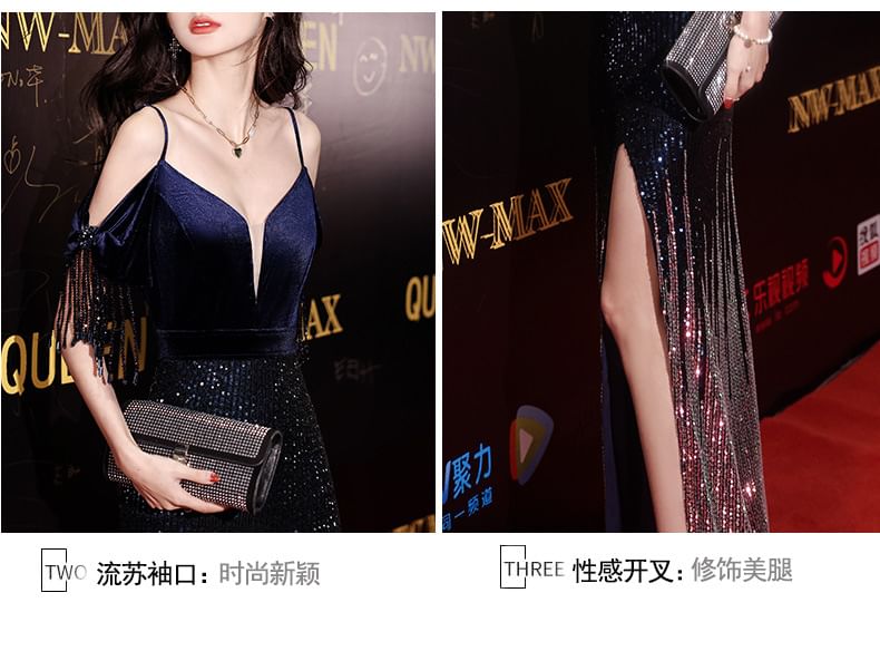 Sequin Evening Cold-Shoulder Side-Slit Trumpet Gown