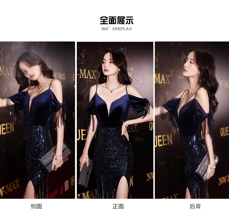 Sequin Evening Cold-Shoulder Side-Slit Trumpet Gown