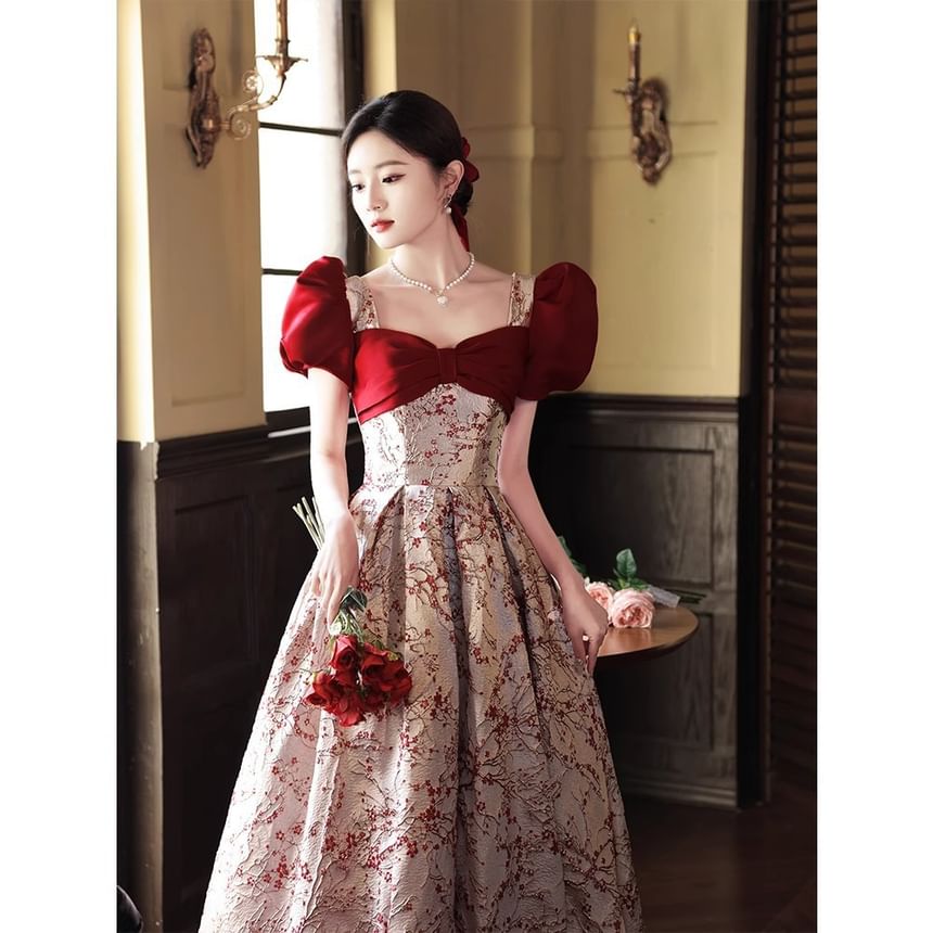 Evening Floral Puff-Sleeve Gown A-Line