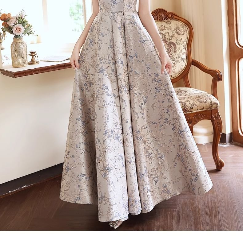 Evening Floral Puff-Sleeve Gown A-Line