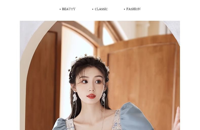 Evening Floral Puff-Sleeve Gown A-Line