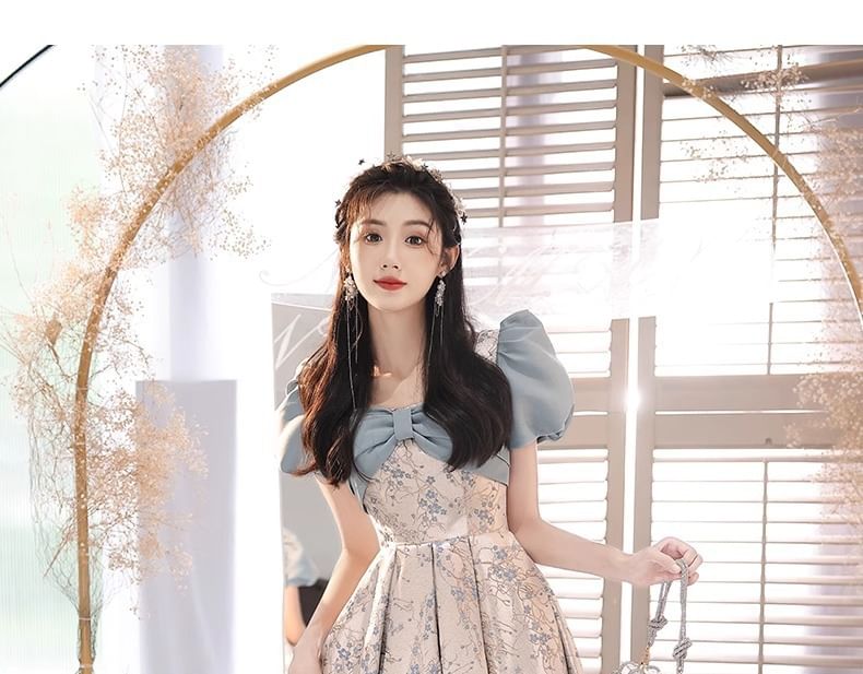 Evening Floral Puff-Sleeve Gown A-Line