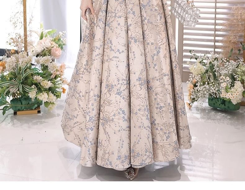 Evening Floral Puff-Sleeve Gown A-Line