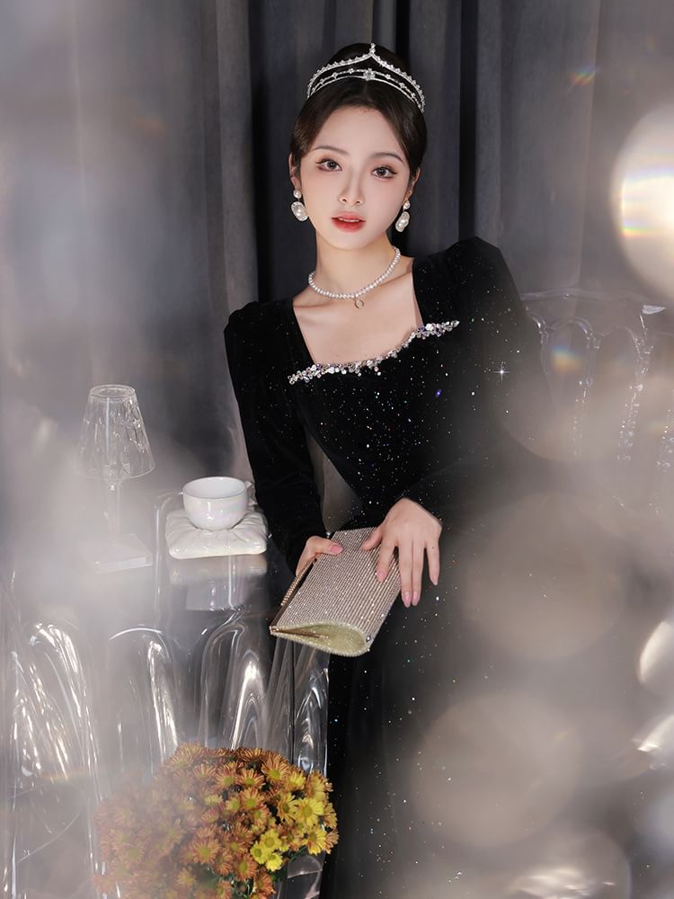Gown Sequin A-Line Neck Long-Sleeve Evening Square