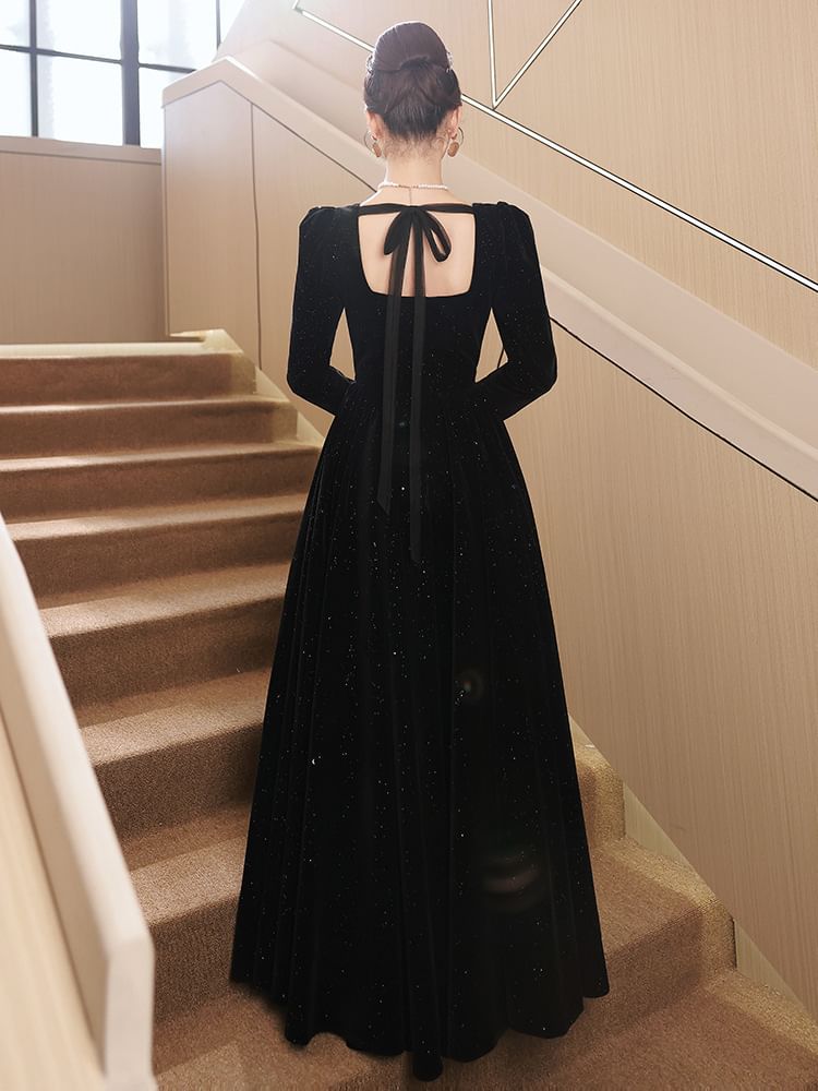 Gown Sequin A-Line Neck Long-Sleeve Evening Square