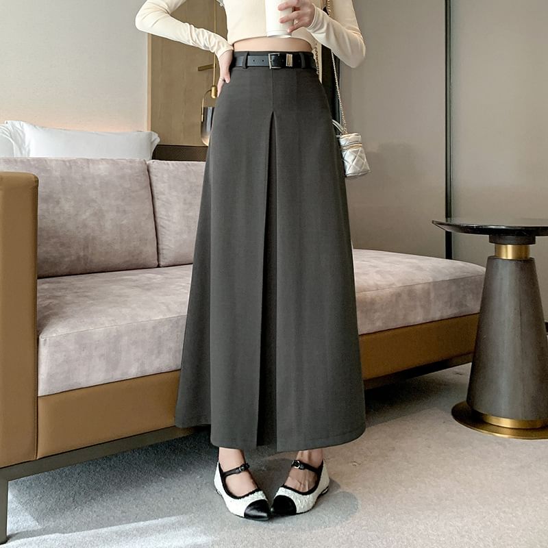 High Waist Plain Pleated Maxi A-Line Skirt