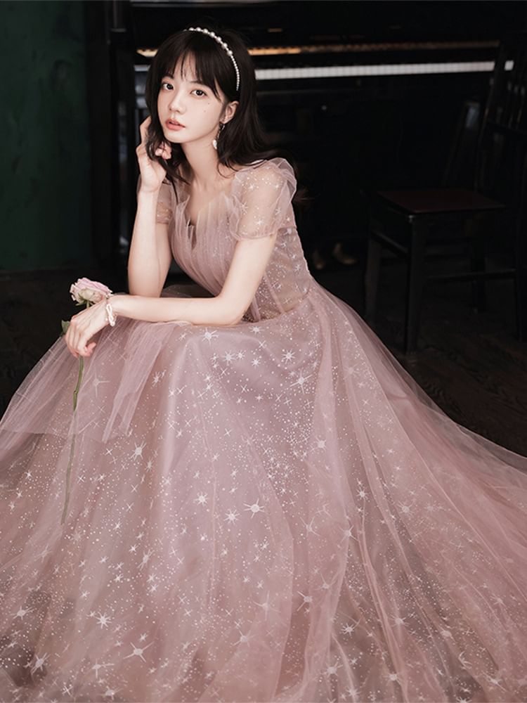 Short-Sleeve V-Neck Mesh A-Line Evening Gown