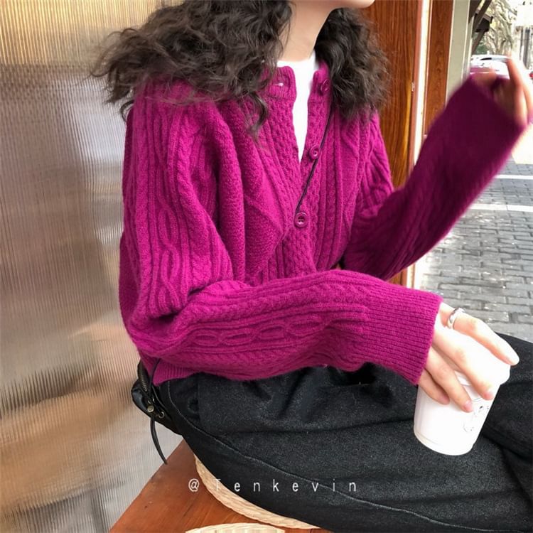 Cable Knit Cardigan Button-Up Plain