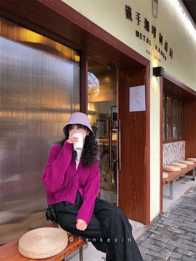 Cable Knit Cardigan Button-Up Plain