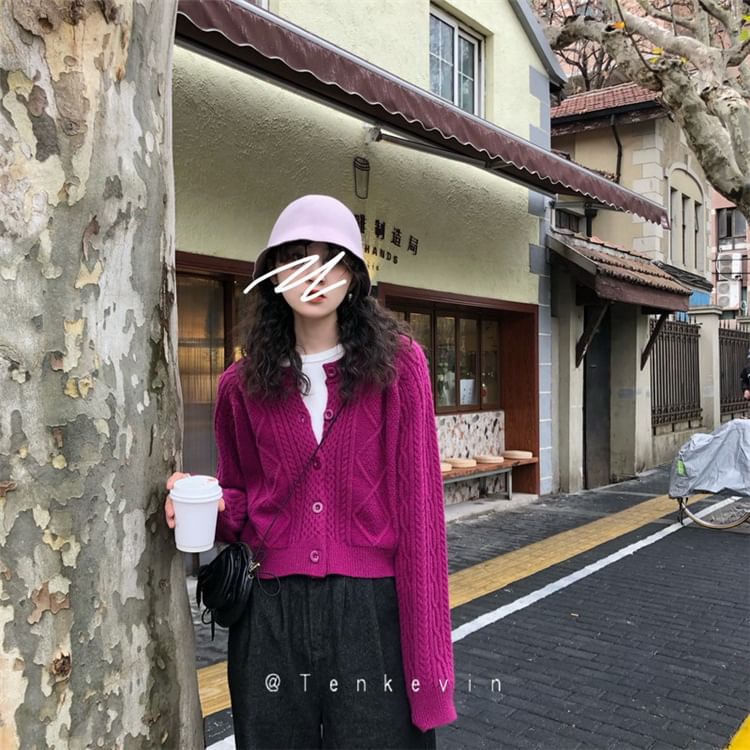 Cable Knit Cardigan Button-Up Plain