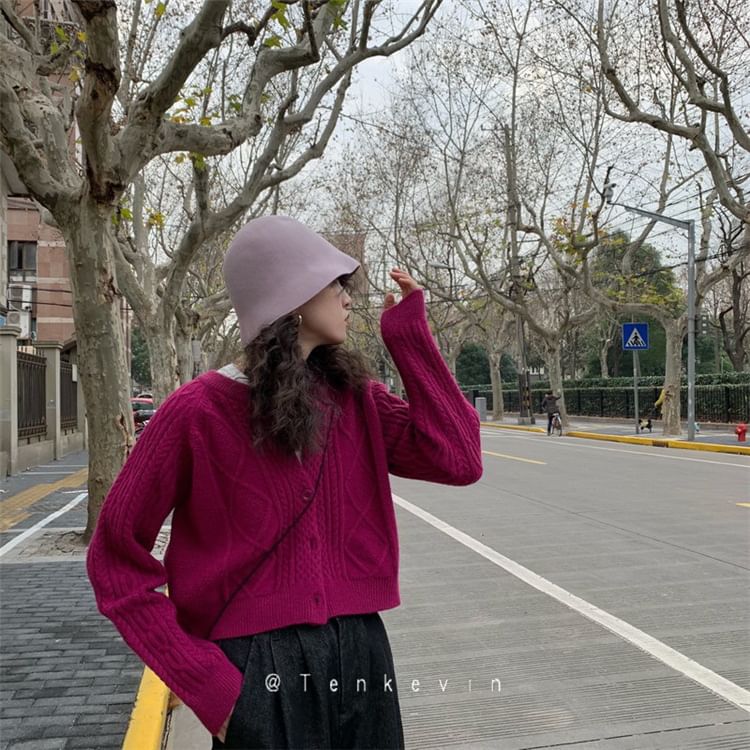 Cable Knit Cardigan Button-Up Plain